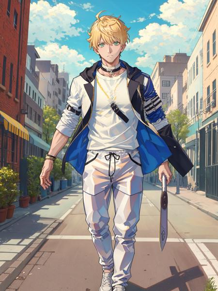 arthur pendragon (fate),white shirt,sport pants,1boy,street,masterpiece, best quality,  <lora:jiujian-v2-000008:1>