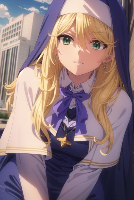 sharonholygrail, <lora:sharon holygrail s1-lora-nochekaiser:1>,
sharon holygrail, long hair, blonde hair, hair between eyes, (green eyes:1.3), smirk
BREAK bow, jewelry, earrings, bowtie, necklace, purple bow, nun, habit, purple bowtie, capelet, white capelet,
BREAK outdoors, city, sky, sun, clouds, crowd, people, 
BREAK looking at viewer, (cowboy shot:1.5),
BREAK <lyco:GoodHands-beta2:1>, (masterpiece:1.2), best quality, high resolution, unity 8k wallpaper, (illustration:0.8), (beautiful detailed eyes:1.6), extremely detailed face, perfect lighting, extremely detailed CG, (perfect hands, perfect anatomy),