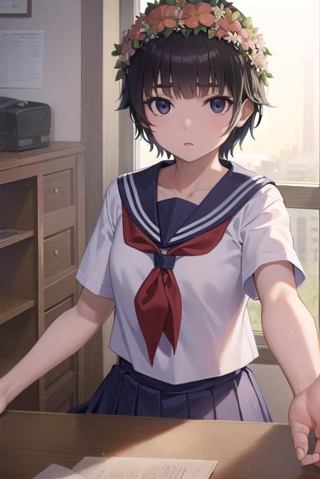 uiharukazari, <lyco:uiharukazari-lyco-nochekaiser:1>,
uiharu kazari, (black eyes:1.5), black hair, flower, hair flower, hair ornament, head wreath, short hair, bangs, blunt bangs,
BREAK armband, sakugawa school uniform, school uniform, serafuku, skirt, summer uniform, neckerchief, red neckerchief, blue sailor collar, blue skort, short sleeves,
BREAK looking at viewer, upper body, fully body,
BREAK indoors, classroom,
BREAK <lyco:GoodHands-beta2:1>, (masterpiece:1.2), best quality, high resolution, unity 8k wallpaper, (illustration:0.8), (beautiful detailed eyes:1.6), extremely detailed face, perfect lighting, extremely detailed CG, (perfect hands, perfect anatomy),