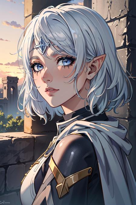 ( masterpiece, best quality, highres:1.3)
<lora:BGIsobel-000003:0.9>
BGIsobel, 1girl, solo, white hair, light blue eyes, pointy ears, black make up, ancient Mayan ruins, sunrise, mystical and ancient with soft golden light on weathered stone structures ,  cinematic view, epic sky, detailed, concept art, low angle, high detail, warm lighting, volumetric