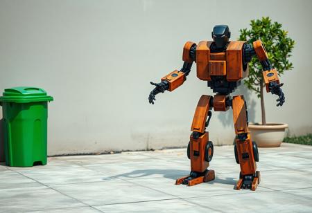A large, imposing biorobot, meticulously constructed from textured wood and aged metal, dominates the center of the frame. Its body is a vibrant, multi-colored mix of orange and brown hues, contrasting sharply with its stark black head. Standing tall on a weathered concrete patio, its substantial form casts a dynamic shadow. The robot's arms are outstretched, poised as if ready for immediate action, while its legs are spread wide in a powerful stance of readiness. In the slightly blurred background, a vivid green trash can and a sturdy tree stand, adding elements of the ordinary to this extraordinary scene. The composition is impeccable, with the robot as the clear focal point, utilizing a creative angle and intentional focus. This is a high-res, 4K photographic render with Exceptional Quality and Lifelike Details. Super Detailed Face and Eyes, although a robot, show mechanical precision and detail. Handcrafted with Precision, High Quality, Contemporary Aesthetics, Impeccable Composition, Attractive Background, Balanced Editing, Well-timed Moment, Dynamic Action Pose, Captivating Lighting. CGSociety, Artstation Trending on ArtstationHQ. Golden Ratio applied. No text.