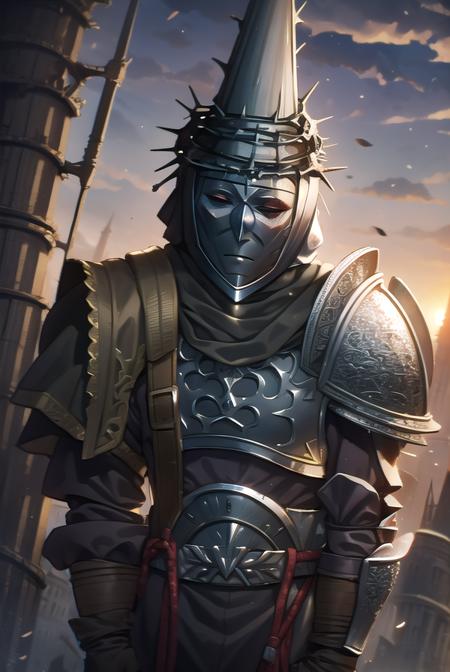 penitentone, <lyco:penitentone-LYCORIStest:1>, 
penitent one, gloves, 1boy, holding, weapon, sword, cape, holding weapon, armor, capelet, holding sword, helmet, shoulder armor, brown gloves, pauldrons, breastplate, full armor, (covered face:1.7), (black eyes:1.5),
BREAK ,
BREAK looking at viewer,
BREAK outdoors, castle,
BREAK <lora:GoodHands-vanilla:1>, (masterpiece:1.2), best quality, high resolution, unity 8k wallpaper, (illustration:0.8), (beautiful detailed eyes:1.6), extremely detailed face, perfect lighting, extremely detailed CG, (perfect hands, perfect anatomy),