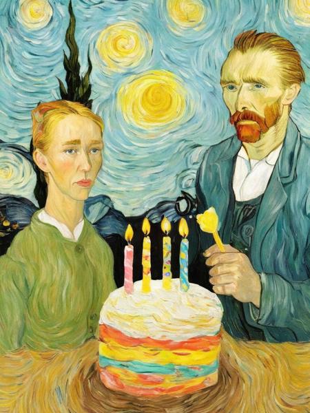 <lora:SDXL_Happy_Birthday_Sa_May-v7:1> Happy Birthday! Van Gogh style  cake