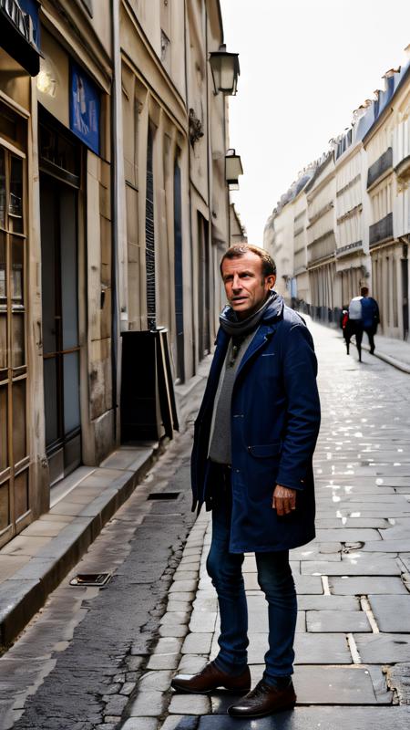 Emmanuel Macron, full body in frame, empty street, European old man as a very poor man, beggar, ragged dirty clothes, begging in Paris, walking in a very dirty street, dirty city, crying in pain, whole body, detailed background, highly detailed face, extremely detailed, high quality, best quality, looking at viewer