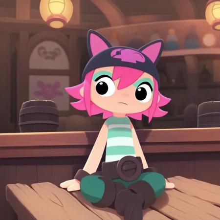 1girl, hat, pink hair, black eyes, striped shirt, belt,