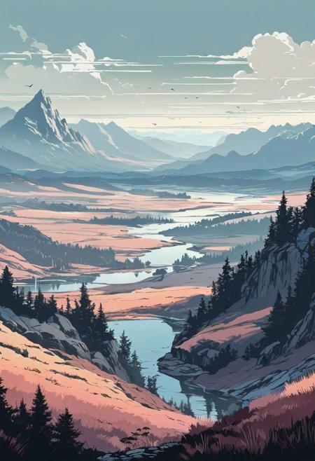 epic landscape, animation style, vectoring, high detailed, ink painting, melancholy colour palette, muted pale light faded colors, a complex composition,