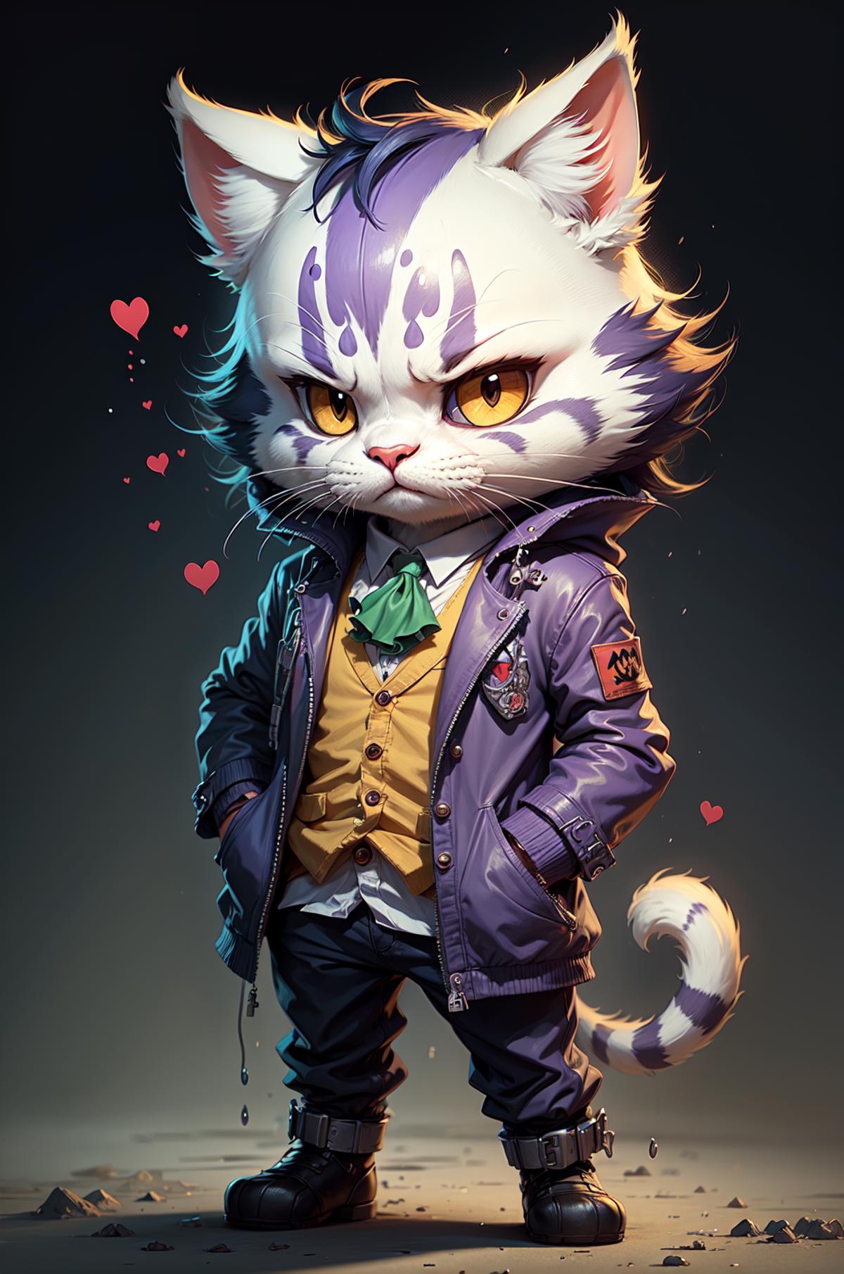 A cat wearing a jacket and tie with a purple and white coat, standing on his hind legs.