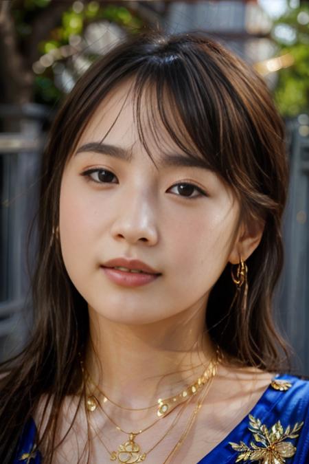 masterpiece, <lora:Sayash1.Riho:0.85>, (highly detailed skin), (golden hour),outside, gorgeous, (realistic face), fashion, close-up, necklace, (blue dress:1.1), slight smile, artistic