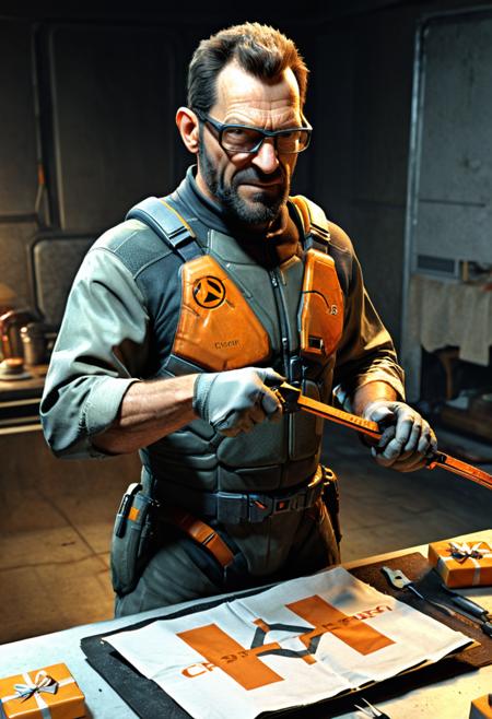 Gordon Freeman opens a gift with a (Crowbar:1.5), Half Life logo, at the New Year's table, 8k, F2.8, RAW Photo, ultra detailed, soft lighting,   <lora:xl_more_art-full_v1:0.8>