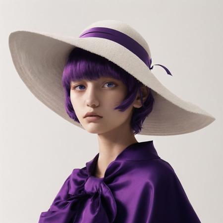 <lora:balenciaga:1>, balenciaga, photo, 
1girl, bow, dress, female focus, frills, hat, lightning, purple hair, red eyes, ribbon, shawl, short hair, solo