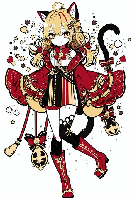 <lora:Elina:1>, 1girl, red hair, cat, red nails, long hair, ahoge, white background, two tails, bow, boots, tail, full body, smile, cat tail, looking at viewer, tassel, simple background, very long hair, single thighhigh, long sleeves, multiple tails, standing, yellow eyes, braid, hair between eyes, thighhighs, tail bow, multicolored hair, tail ornament, cat ears, solo, :3, bangs, nail polish, closed mouth, animal ears, platform footwear, shide, cat girl, red bow, animal, asymmetrical legwear, hair bow, knee boots