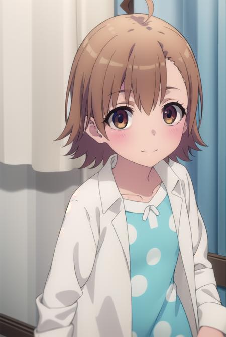 last order, last order \(toaru majutsu no index\), short hair, brown hair, (brown eyes:1.3), ahoge, blush, dress, blue dress, sandals, polka dot, labcoat, polka dot dress,