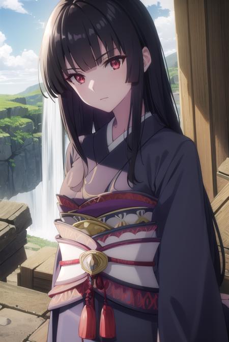 tateglass, <lora:tate glass s1s2-lora-nochekaiser:1>,
glass, long hair, bangs, black hair, blunt bangs, hime cut, (red eyes:1.3),
BREAK japanese clothes, wide sleeves, kimono, sash, obi, black kimono, lipstick,
BREAK outdoors, forest, nature, sky, sun, clouds,
BREAK looking at viewer, (cowboy shot:1.5),
BREAK <lyco:GoodHands-beta2:1>, (masterpiece:1.2), best quality, high resolution, unity 8k wallpaper, (illustration:0.8), (beautiful detailed eyes:1.6), extremely detailed face, perfect lighting, extremely detailed CG, (perfect hands, perfect anatomy),