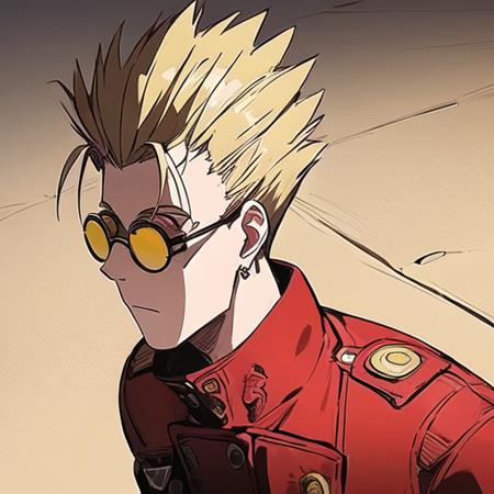 ((1man)), (Vash Stampede), yellow hair, (long red coat:1.0), black trousers, (yellow eyewear, circle eyewear), standing, (portrait), desert background, (masterpiece, best quality, extremely detailed CG, beautiful detailed eyes, ultra-detailed, detailed face, detailed shadows, ambient occlusion, intricate details),  <lora:VashStampede:0.8>