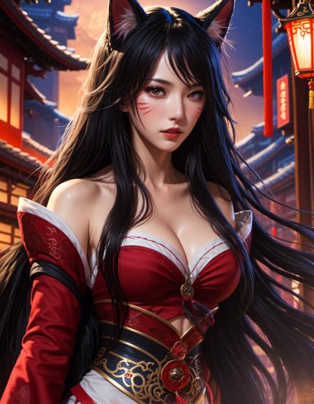 ahri, 1girl, long hair, animal ears, whisker markings, korean clothes, cleavage, detached sleeves