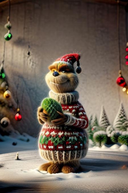 christmassweater, Masterpiece, 1female, detailed, realistic photo, portrait, face focus, close up, European, female, red lips, gentle smile, 28 years old, realistic high detailed face, natural eyes, anatomic correct bodies, lots of detail, colorful, hdr, strong, mature female, beautiful, cinematic, elegant, hyperrealistic, hyperrealism, Christmas sweater, colorful sweater, garden, winter, Christmas tree, Christmas decorations, Christmas, hands hidden, hands out of view, Grinch, animal focus, Santa hat.