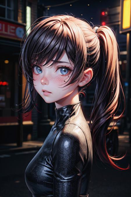 realistic,
anime,
perfect anatomy,
(masterpiece,
best quality,
high detailed:1.4),
high detailed eyes,
3d,
8k,
cg.
wallpaper,
portrait,
eyes high light,
1girl,
solo,
high detailed red body suit,
black long hair,
twintails,
big eyes,
standing,
looking at viewer,
embarrassed,
(very prominent blush),
(side diagonally down view),
outdoor,
<lora:flat2:-1>,
(dark night,
neonsign:1.4)