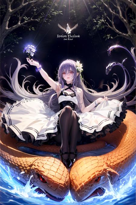 masterpiece, best quality, <lora:lq:1>,lqstyle01, 1girl, long hair, dress, very long hair, flower, snake, white dress, solo, black footwear, looking at viewer, holding, sleeveless, bangs, closed mouth, full body, sleeveless dress, tree, copyright name, bare shoulders, white flower, grey eyes, high heels, hair between eyes, grey hair, animal, thigh strap, pointy ears, shoes, red eyes, white hair, expressionless, purple eyes, pantyhose, hands up, artist name, breasts, outdoors, floating, floating hair, nature, knees up, white pantyhose, absurdly long hair, jewelry, small breasts, branch, sitting, bracelet, glowing, plant, brown eyes, purple hair, english text, blue flower, forest