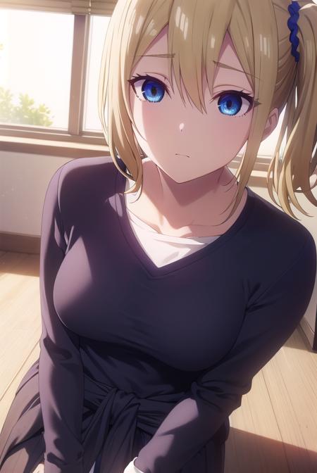 aihayasaka, <lora:ai hayasaka s3-lora-nochekaiser:1>,
ai hayasaka, bangs, blue eyes, blonde hair, hair ornament, hair between eyes, sidelocks, side ponytail, scrunchie, hair scrunchie, blue scrunchie,
BREAK shirt, long sleeves, school uniform, shoes, socks, sweater, cardigan, black socks, clothes around waist, shuuchiin academy school uniform, sweater around waist, cardigan around waist,
BREAK indoors, classroom,
BREAK looking at viewer, (cowboy shot:1.5),
BREAK <lyco:GoodHands-beta2:1>, (masterpiece:1.2), best quality, high resolution, unity 8k wallpaper, (illustration:0.8), (beautiful detailed eyes:1.6), extremely detailed face, perfect lighting, extremely detailed CG, (perfect hands, perfect anatomy),