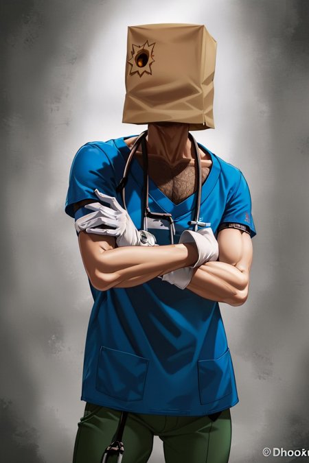 faust paper bag doctor, blue shirt, short sleeves, pants, white gloves, stethoscope formal, blue shirt, yellow necktie, green pants