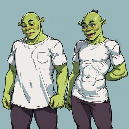 IncrsPajChal, <lora:PajamasChallenge:1>, 1boy, multiple views, shirt, white shirt, shrex, green skin, ogre, shrek, <lora:Char_Sigmas_Shrek:0.9>