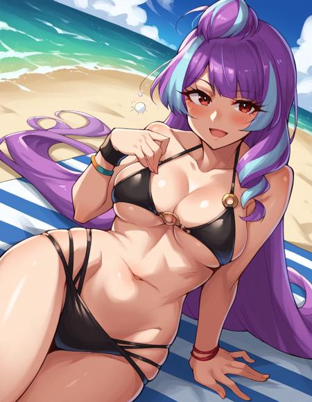 mikumo guynemer, long hair, multicolored hair, purple hair, red eyes, streaked hair, very long hair, absurdly long hair, black pantyhose, black skirt, blue gloves, blue pantyhose, gloves, hair ornament, hairpin, layered skirt, pantyhose, short sleeves, skirt, tied hair, underbust, bikini, black bikini, cleavage, multi-strapped bikini, sideboob, swimsuit, underboob, wristband, midriff, navel,