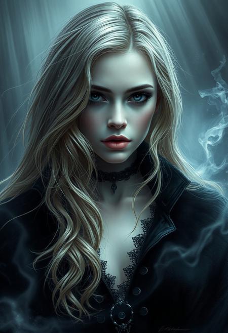 woman, charged atmosphere where something feels about to happen. The air feels thick with suspense, and everything seems focused, waiting for a sudden change, A cool, mysterious art style with soft silver tones and smooth transitions, creating an alluring and mystical atmosphere, with hints of sensuality, Gothic art style, gothic details, dramatic compositions, rich symbolism, blond hair, detailed background