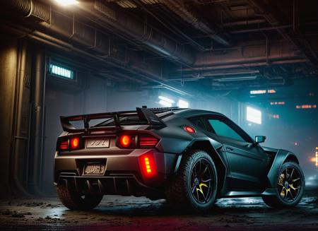 cyberpunk-inspired off-road tech car with gear and guns attached, ((((dirty)))), in cyberpunk urban photoshoot, sunset, glowing lights, well framed at middle range, extreme detail, illegal battle car, extreme photorealistic, 3D, 8k, Hyper detailed car, perfect soft lighting, great lighting, car photography, fisheye lens, raining, reflection, octane render, high quality, <lora:more_details:1.2>