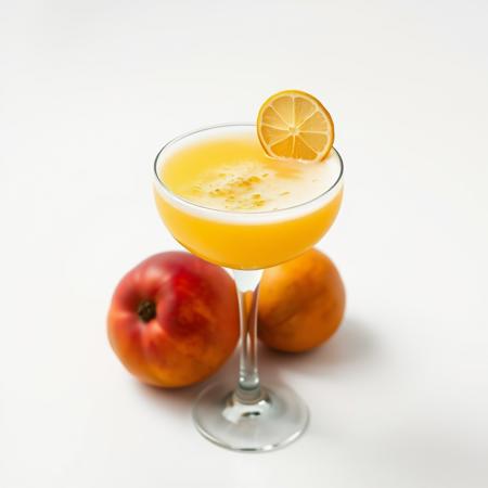 simple product Photography image on a plain, blank, pure 100% bright white background of a foamy mango pisco sour in coupe glass with dried lime wheel garnish and a mango beside it. zoomed out.