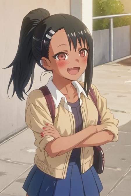 best quality, masterpiece, highres, solo, {nagatoro_hayase_donttoywithmemissnagatoro:1.15}, black_hair, long_hair, dark-skinned_female, dark_skin, brown_eyes, hairclip, hair_ornament, blush, bangs, smile, 1girl, closed_eyes, fang, open_mouth, skin_fang, side_ponytail, :d, upper_body, facing_viewer, ponytail, school_uniform, v