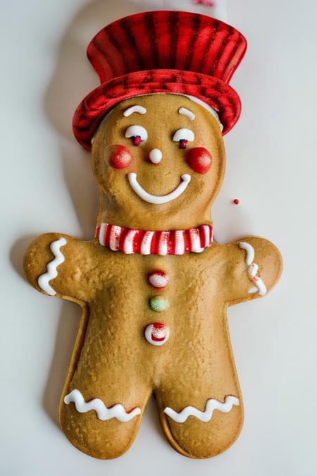 Gingerbread_Man, food, cookie, food focus, no humans, an extremely gritty detailed HD 8K photograph of a playful gingerbread man standing outside in the (frosting snow in candyland), (he's laughing and wearing a very very very very tall candycane tophat, extremely happy and silly)