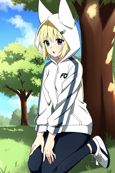 1girl, konjihen, kon, hoodie, leggings, hood, blonde hair, blue eyes, sneakers, grass, tree, park