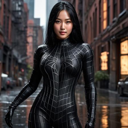 score_9, score_8_up, score_7_up, best quality, realistic, masterpiece, beautiful detail, hyperrealistic, ((1girl, woman body, large breast)), amazing detailed full body of a cute korean girl, cute face, wearing a realistic and highly detailed black raimi spider-man suit, ((defined muscular girl)), professional model wears ultra - detailed black raimi spider - man suit, ultra - detailed and grained black raimi spiderman suit, suit covered entire body and hand, black spiderman gloves, wet, (black hair, attraction, light smile), octane render, highly detailed, volumetric, dramatic lighting, (highest quality:1.1), (HDR:1.3), (top quality, best quality), realistic, high definition,