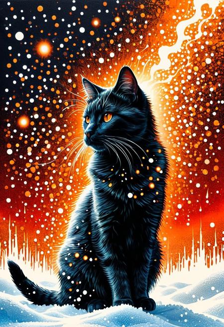 Silhouette Art, cat, breathtaking detailed, masterpiece, lovely, charming, awe-inspiring, radiant, magnificent. (all dark hues and fine vibrant orange glowing smoldering accent and shiny gold color scheme:1.02). glossy.
<lora:InkArtXL_1.2:0.4> <lora:FaeTastic:0.35> . award-winning, professional, highly detailed . extremely high-resolution details, photographic, realism pushed to extreme, fine texture, incredibly lifelike, high contrast, well defined .
Silhouette, Pointillism multicolored pin point clumped needle thin dots grainy collage stencil texture style, Angled slanted 2 point perspective visual depth back shot pointillism gust white snow pointillism dot particles partially covering woman, cyan pointillism water dots dripping down smaller dot circles ceiling pointillism dot white icicles, orange glow emanating, wind gust snow dots pointillism white wind patterns, capturing motion, semi-realistic Minimalist vector illustration, futuristic, sharp angular designs, bold red background, intense expression, modern urban style, clean lines, high contrast between black, white, and red, sleek futuristic aesthetics.
