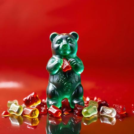 a close up of a gummy bear on a red background, green aura, noise rock album cover, pepper no. 3 5, film still promotional image, carolina reaper, by Pascal Blanch, the yellow creeper, grenade, mutated, superbia, datura, without text, golden earring, lossless. Cinematic. 8K. frameless. 18mm film.
