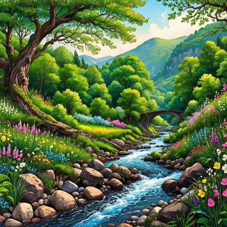 highly detailed, ink art, line art artwork depicting a vibrant spring landscape. The scene features a turbulent stream flowing through woodlands, with the water sparkling as it rushes over bright pebbles. On either side of the river, trees with green leaves on their branches arch overhead with a riot of colourful spring wildflowers adorning the banks, under the bright light of a bright spring morning. The composition is balanced, with the river leading the viewer's eye into distant hills. Sharp focus