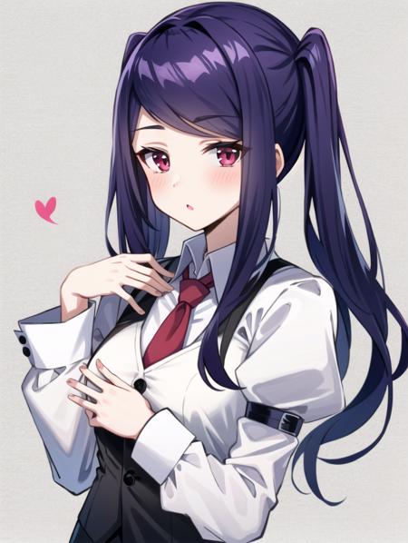 1girl, solo, bangs, blush, hand on own chest, jill stingray, long sleeves, looking at viewer, purple hair, medium breasts, necktie, shirt, solo, upper body, vest,  <lora:Jill_Stingray-02:1>, bartender, vest, white shirt,