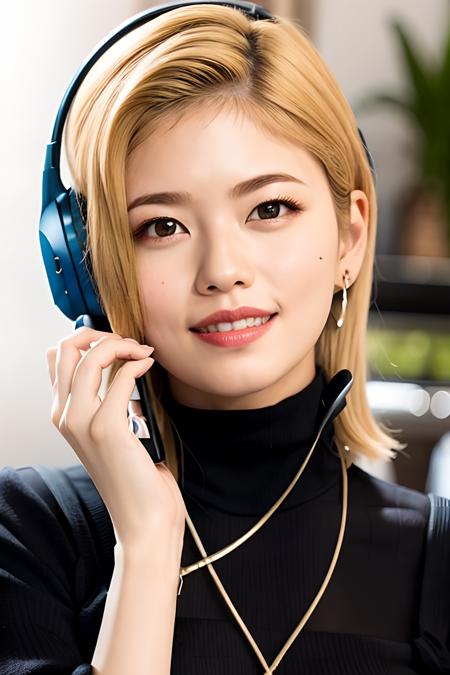 <lora:FukaKoshiba_V1b:0.7>, ((blonde hair)), (Fuka Koshiba):1.2, 1girl is wearing a big black ((headphone)), extra detailed face, earrings, red lips, best quality,  smile,  teeth, photo realistic, look at viewer, solo, radio boardcasting