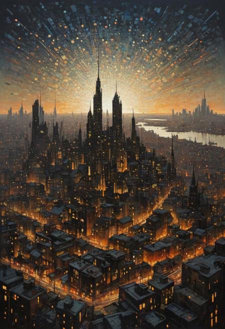 by Abigail Larson,  (eminent, futuristic-cyberpunk cityscape but extremely beautiful:1.4), (intricate details, masterpiece, best quality:1.4) , in the style of nicola samori,
Pointillism style painting, Composed entirely of small distinct dots of color, vibrant, highly detailed, pointillism,, looking at viewer