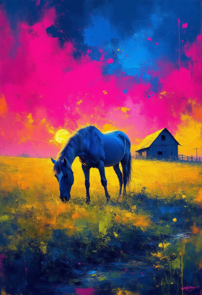 A horse grazing with its head lowered in a rural farmyard, with a barn and fence visible in the background. The scene is rendered in an abstract, surreal artistic style with intense color overlays of magenta, blue, yellow, and orange paint strokes covering the entire composition. The sky features dramatic clouds painted in bright pink and yellow hues, while the ground displays yellow, blue, and orange tones. 