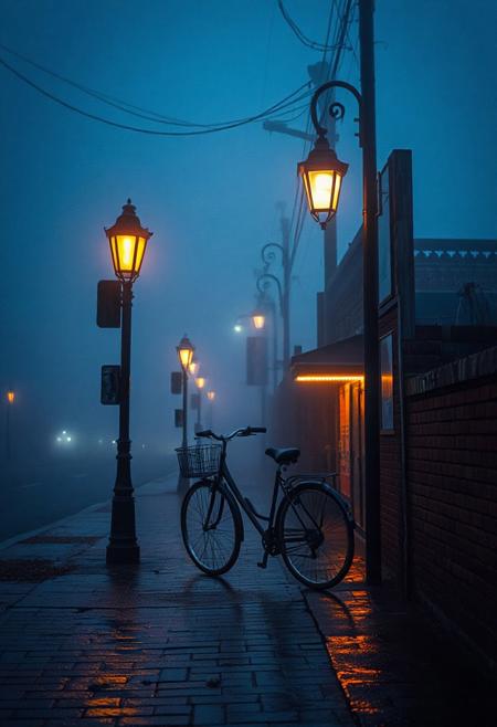 A nostalgic, misty 4K scene — deep blue tones wash over an empty street at dawn, soft fog curling around vintage street lamps, their golden glow diffused through the haze. Raindrops linger on cobblestones, reflecting faint neon signs. A lone bicycle rests against a worn brick wall, memories echo in silence. Cinematic, emotional, deeply atmospheric — One Heart style, ultra-detailed, moody composition, soft lighting, depth of field, 4K.