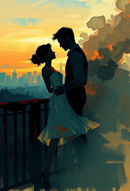 A couple shares a quiet moment on a balcony at dusk, her figure luminous, his silhouette dissolving into painterly streaks of smoke and shadow., cinematic romanticism, expressive abstraction, sensual brushwork, dramatic lighting, stylized figures, emotional realism, contemporary impressionism, vintage fashion, abstract backgrounds, rich color palette, poised movement, painterly energy, narrative tension, soft and bold contrasts, romantic elegance, visual emotion, textural expression, intimate storytelling, modern figurative art, layered atmosphere