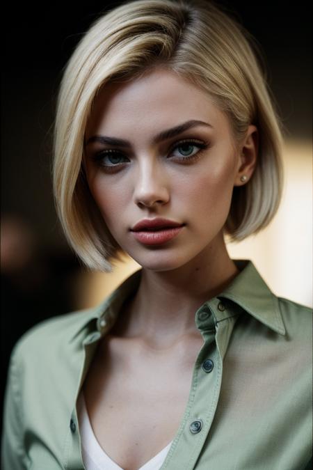 photo of (summrstr0m-135:0.99), a beautiful woman, perfect short blonde hair, (modern photo, Grass Green ((buttoned up)) shirt:1.1), 85mm, (analog, cinematic, film grain, hazy atmosphere:1.3), ((plain Bone background, jazz club:1.2)), detailed eyes, (seductive), (epicPhoto), (looking at viewer), jewelry, (cinematic shot:1.3), PA7_Portrait-HL_v2