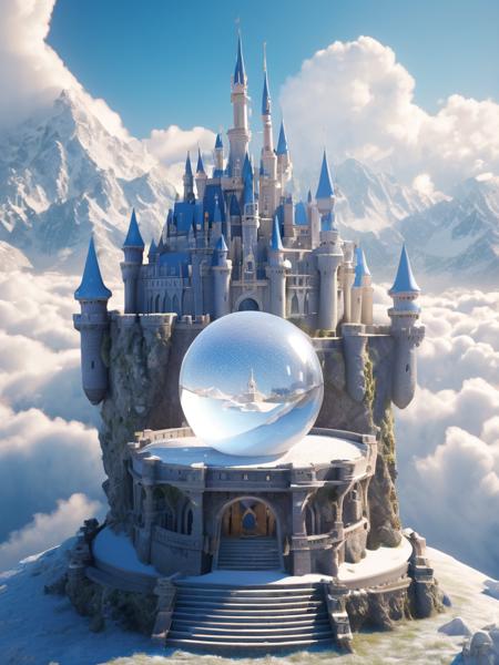 Masterpiece, stunning, super detailed, highest quality, uniform 8K wallpaper, illustrations,(crystal ball close-up),
(1 huge crystal ball)+(High transparency crystal ball perspective),
(1 white crystal-sculpture-castle inside of crystal ball:1.4)+((detailed white crystal-sculpture-castle floating above the clouds) and(no gravity:1.3)and (some snow flying under crystal-sculpture-castle) and (highly transparent crystal-sculpture-castle))+(no gravity:1.3),
(intricate details:1.2),fantasy, fairy tale world,Light leakage, detailed details glow,(ray tracing),(Realistic:0.7), (3D:0.7), (OC renderer:0.7), best lighting,