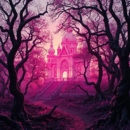 a pink crystal palace sitting in the middle of a twisted diseased forest, light emanates from the palace coloring the trees around it with a pink hue, the sun sets behind the palace