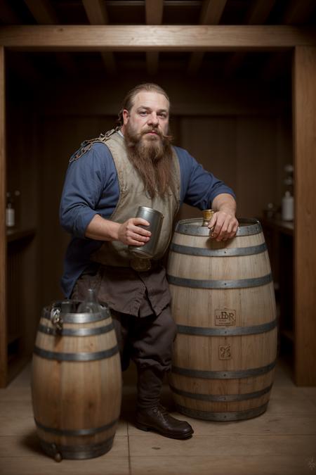 fantasy, a dwarf smith with  ((large jug like barrel)),  very long beard, fantasy room, drinking