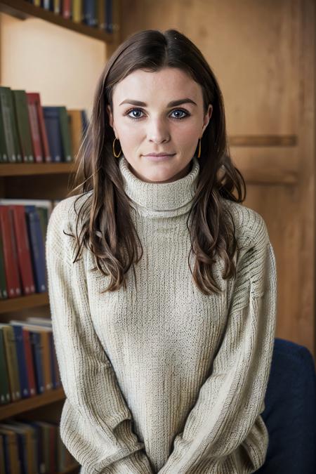 Aisling Bea, woman, female, (8k, RAW closeup portrait photo, best quality, masterpiece:1.2), (realistic, photo-realistic:1.37), (highest quality), (baggy turtleneck sweater:1.4), (in a library:1.3), (dim lighting:1.2), (show no skin:1.3), <lora:Aisling-Bea-v10:0.5>