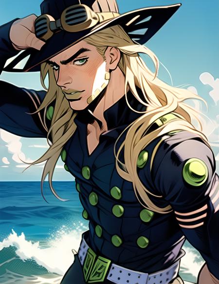 solo, araki hirohiko (style), blonde, half body, gyro zeppeli, brown hat, goggles,  belt, long hair,body, thin waist, male focus, 1boy, masterpiece, best quality, ultra-detailed detailed, detailed digital artwork, hi res, male focus, beard,  ranch background, horses, <lora:gyro-000003:0.85>