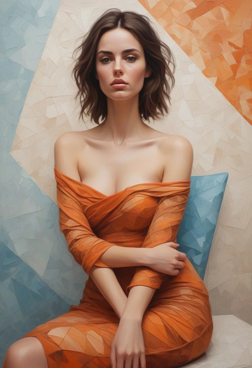 This image is an impressionistic digital painting in a modern, abstract style, featuring a young woman with fair skin and straight, dark brown hair. She is depicted in a relaxed, contemplative pose, seated on a cushioned surface with her left arm resting on her lap and her right arm crossed over her left arm. The woman wears a strapless dress with long, flowing sleeves that appear to be made of a translucent fabric, revealing a hint of her shoulders and upper chest. Her expression is calm and introspective, with a slightly pensive look on her face. The background is an intricate, geometric pattern composed of various shades of orange, brown, and blue, creating a mosaic-like texture that contrasts with the softness of the woman’s skin and dress. The background's abstract composition suggests a modern, minimalist aesthetic, with lines and shapes that seem to flow and intersect organically. The overall color palette is warm and muted, with earthy tones dominating the scene. The painting's style is reminiscent of contemporary digital art, blending elements of surrealism and abstraction to create a visually striking and emotionally evocative image.