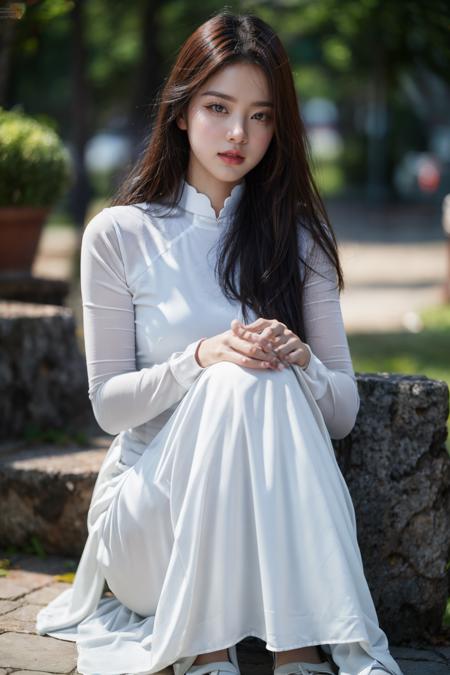 1girl, aodai white, photo art, (flower), <lora:aodai_SDLife_Chiasedamme_v3.0:0.62>, a stunning photo with beautiful saturation, ultra high res,(realistic:1.4)),deep shadow,(best quality, masterpiece), pale skin, dimly lit, shade, flustered, blush, highly detailed, skinny, BREAK depth of field, film grain, wrinkled skin, looking at viewer, knee, warm smile, (upper body), masterpiece,ultra realistic,32k,extremely detailed CG unity 8k wallpaper, best quality, (full body:1.4)